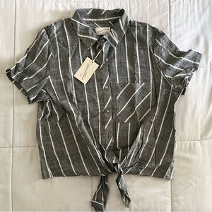 Short Sleeve Striped Tie Front Button-Down
